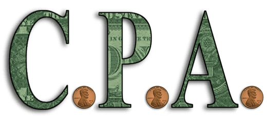 The letters "C.P.A." are filled with a dollar bill pattern, each separated by a penny coin underneath.